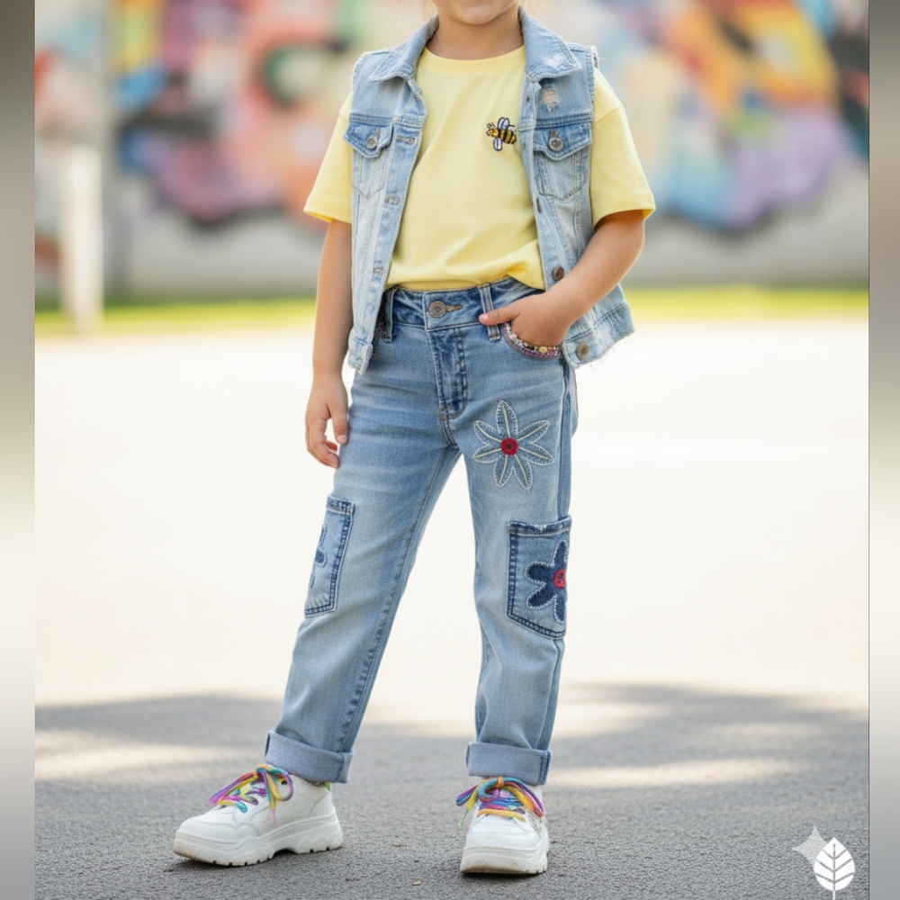 Upcycled GIRLS Blue Denim Jeans with Floral Patches Emboidery Pockets